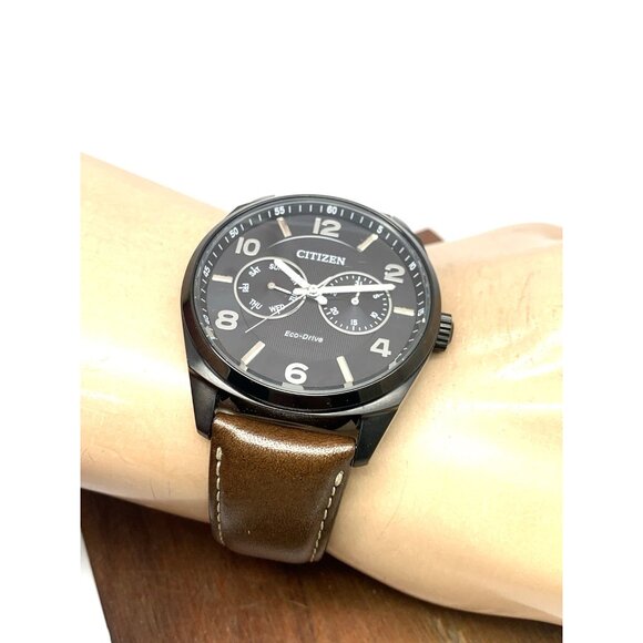Citizen Men's Watch AO9028-07E Eco-Drive Black Dial Brown Leather Strap 43mm - Picture 6 of 15
